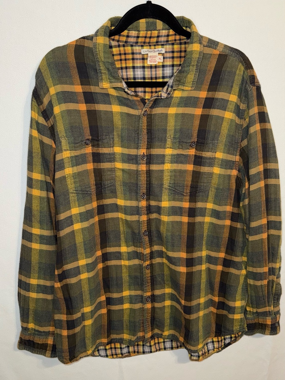 Carbon2Cobalt Men’s Plaid Flannel LS Button Up Shirt Size XL Green Yellow